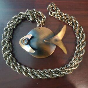 Vtg MCM Copper Fish Necklace 12K GF Chain Hand Crafted Modernist Scandi-Japandi
